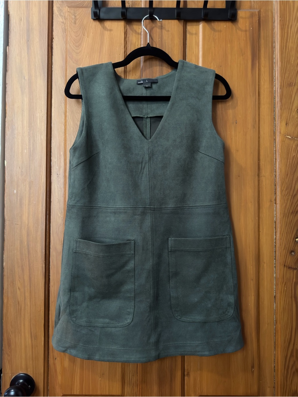 Sleeveless V-Neck Mini Dress in Olive Green with Front Pockets